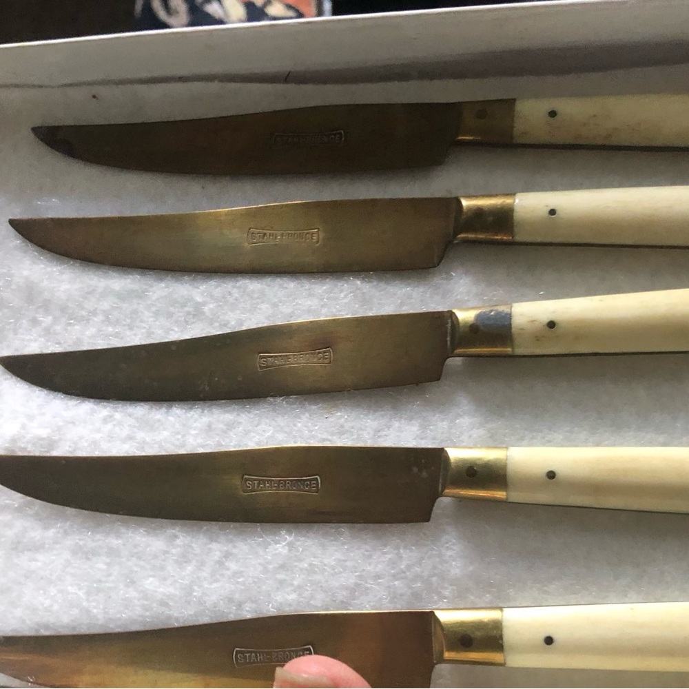 VINTAGE SET OF 5 STAHL-BRONCE FRUIT KNIVES GERMAN 6" LONG FAUX BONE HANDLES